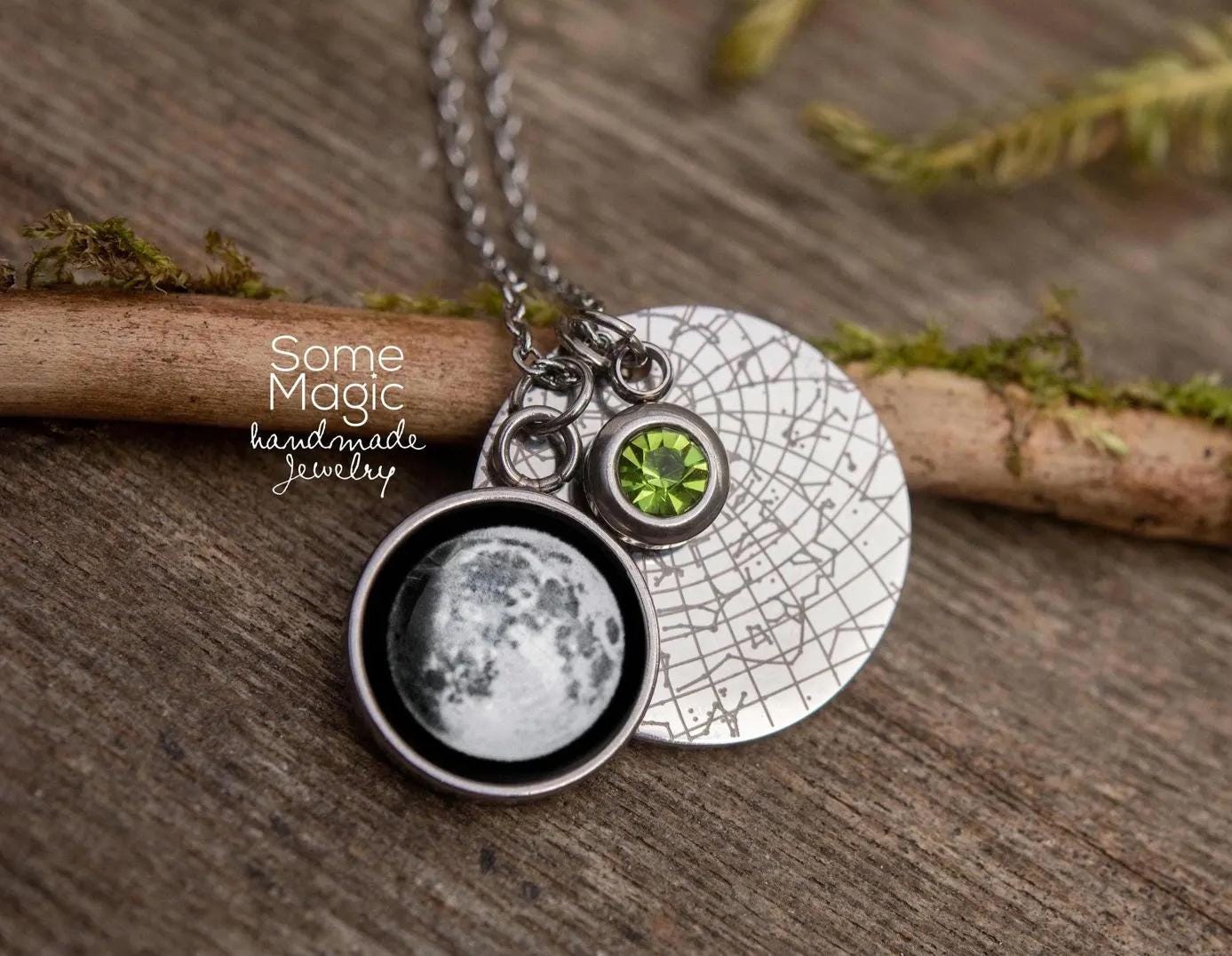 Star Map and Moon Phase Necklace with a Birthstone, Custom Night Sky by Date and Place,  Personalized Jewelry Birthday Anniversary Gift KP.7