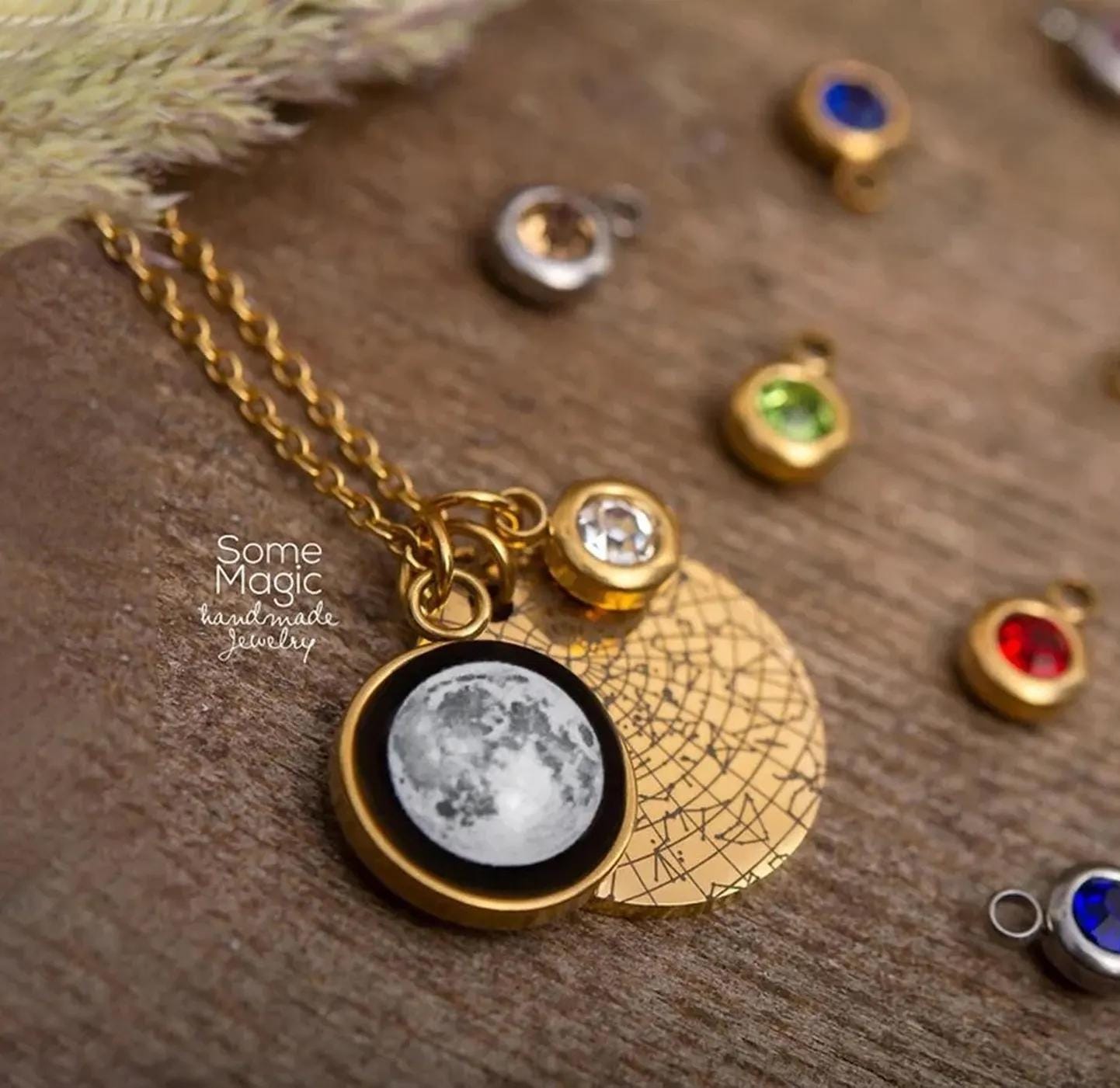 Moon Phase and Star Map Necklace with Birthstone, Custom Birth Moon Phase, Engraved Personalized Birthday Jewelry Gift for Her, KP.7