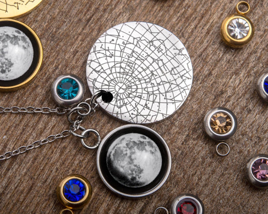 Personalized Star Map and Moon Phase Necklace with a Birthstone, Stars by Date and Place, Custom Birth Moon and Star Chart Jewelry, KP.7