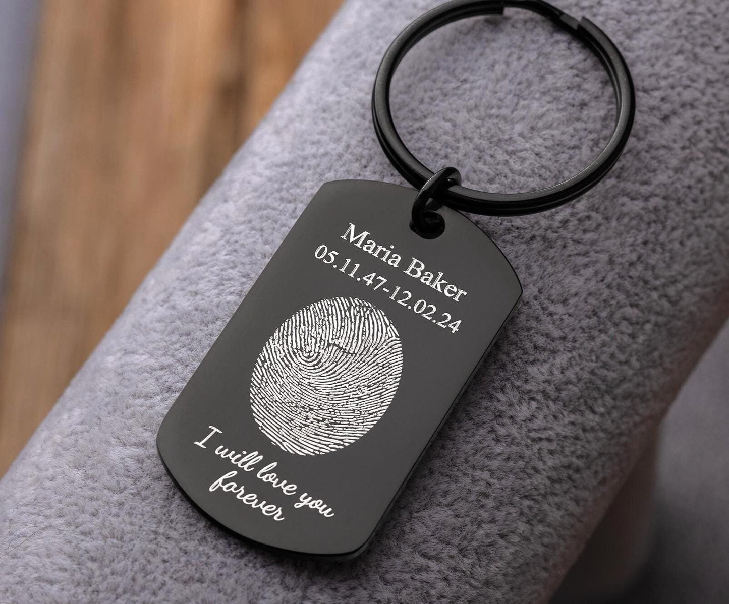 Actual Fingerprint Keychain - Personalized Memorial Keepsake with Custom Text - Sympathy, Condolence, or Bereavement Grief Gift for Him, C.2