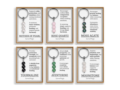 Moss Agate Gemstone Keychain - Genuine Mineral Crystal Dark Green Keyring with Meaning Card and Gift Box, Growth Balance & Healing Gift, MGM