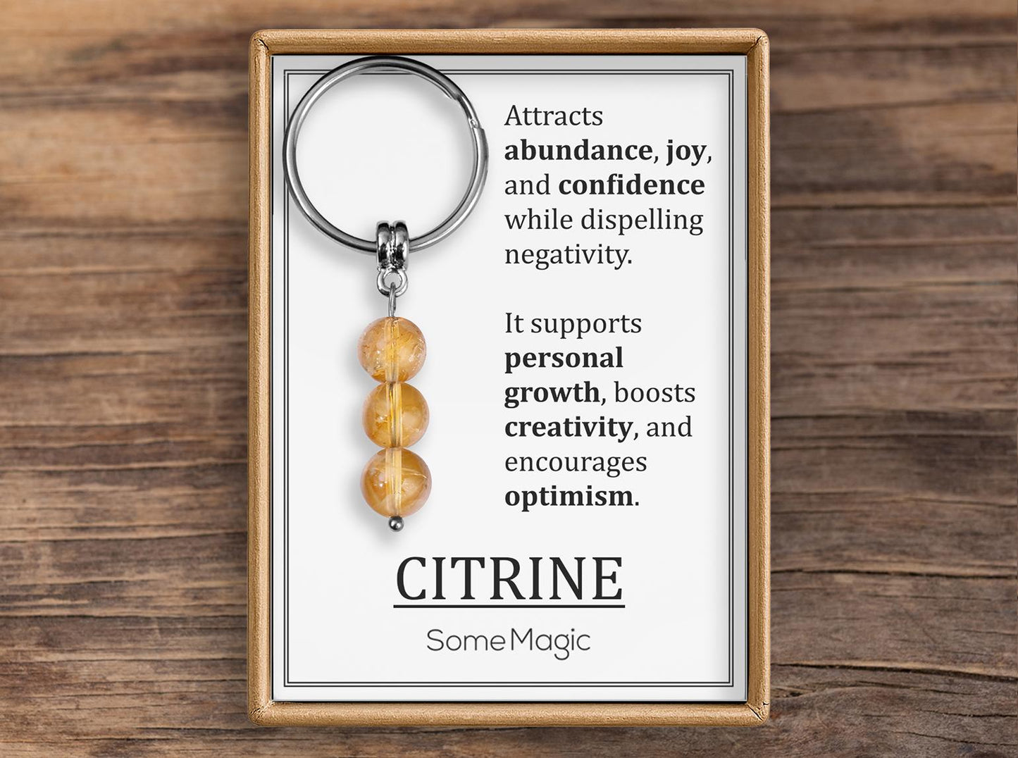 Citrine Gemstone Keychain - Mineral Crystal Yellow Keyring with Meaning Card and Gift Box, Abundance, Joy and Confidence Gift, MGM