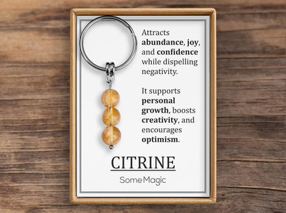Citrine Gemstone Keychain - Mineral Crystal Yellow Keyring with Meaning Card and Gift Box, Abundance, Joy and Confidence Gift, MGM