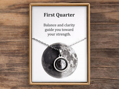 First Quarter or Any Moon Phase Necklace with Gift Box & Card Ready to Give Personalized Lunar Pendant with Engraving and Adjustable Chain