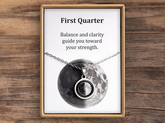 First Quarter or Any Moon Phase Necklace with Gift Box & Card Ready to Give Personalized Lunar Pendant with Engraving and Adjustable Chain