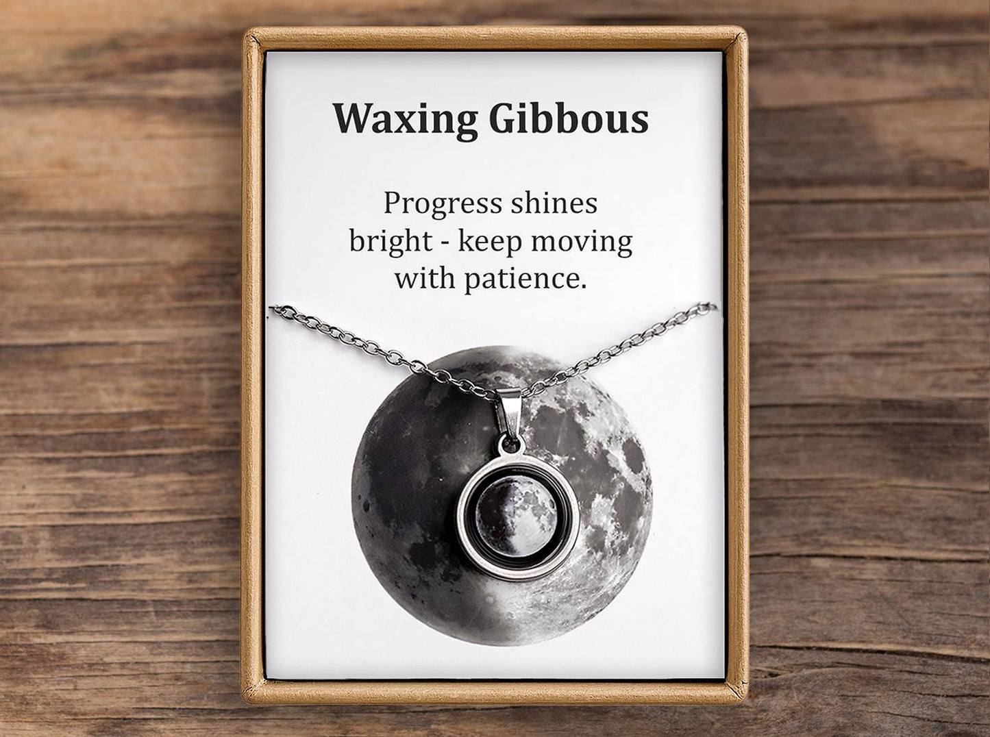 Waxing Gibbous or Any Moon Phase Necklace with Gift Box & Card Ready to Give Personalized Lunar Pendant with Engraving and Adjustable Chain