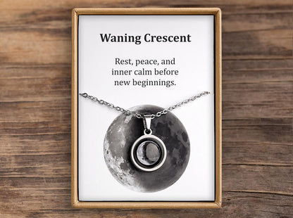 Waning Crescent or Any Moon Phase Necklace with Gift Box & Card Ready to Give Personalized Lunar Pendant with Engraving and Adjustable Chain