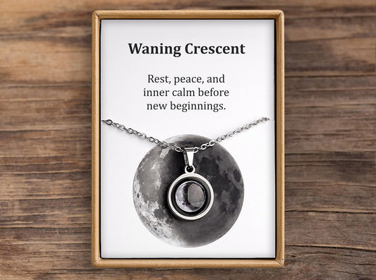 Waning Crescent or Any Moon Phase Necklace with Gift Box & Card Ready to Give Personalized Lunar Pendant with Engraving and Adjustable Chain