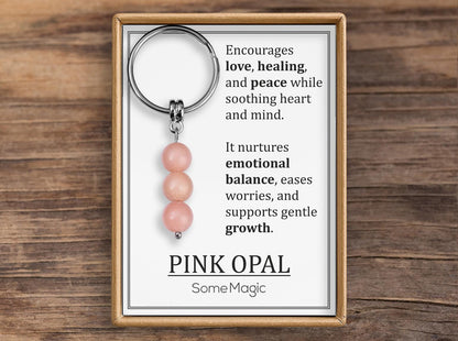 Pink Opal Gemstone Keychain - Genuine Mineral Crystal Pink Keyring with Meaning Card and Gift Box, Love, Healing and Peace Gift, MGM