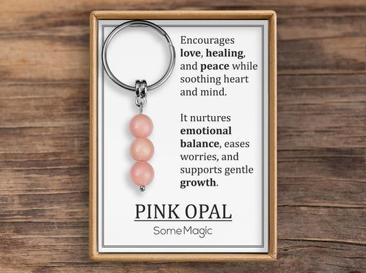 Pink Opal Gemstone Keychain - Genuine Mineral Crystal Pink Keyring with Meaning Card and Gift Box, Love, Healing and Peace Gift, MGM