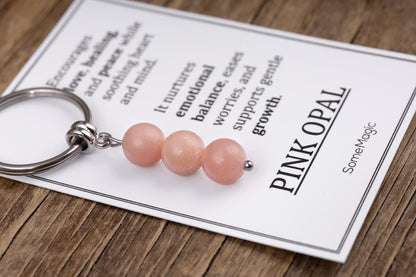 Pink Opal Gemstone Keychain - Genuine Mineral Crystal Pink Keyring with Meaning Card and Gift Box, Love, Healing and Peace Gift, MGM