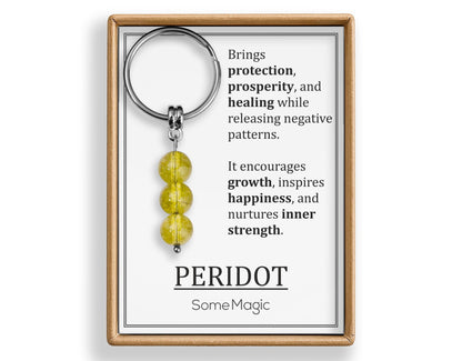 Peridot Gemstone Keychain - Genuine Mineral Crystal Green Keyring with Meaning Card and Gift Box, Happiness and Protection Gift, MGM