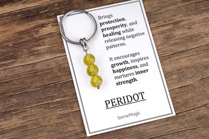 Peridot Gemstone Keychain - Genuine Mineral Crystal Green Keyring with Meaning Card and Gift Box, Happiness and Protection Gift, MGM