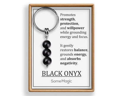Black Onyx Gemstone Keychain - Genuine Mineral Crystal Keyring with Meaning Card and Gift Box, Strength, Protection & Willpower Gift, MGM
