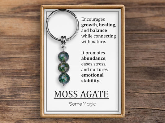 Moss Agate Gemstone Keychain - Genuine Mineral Crystal Dark Green Keyring with Meaning Card and Gift Box, Growth Balance & Healing Gift, MGM