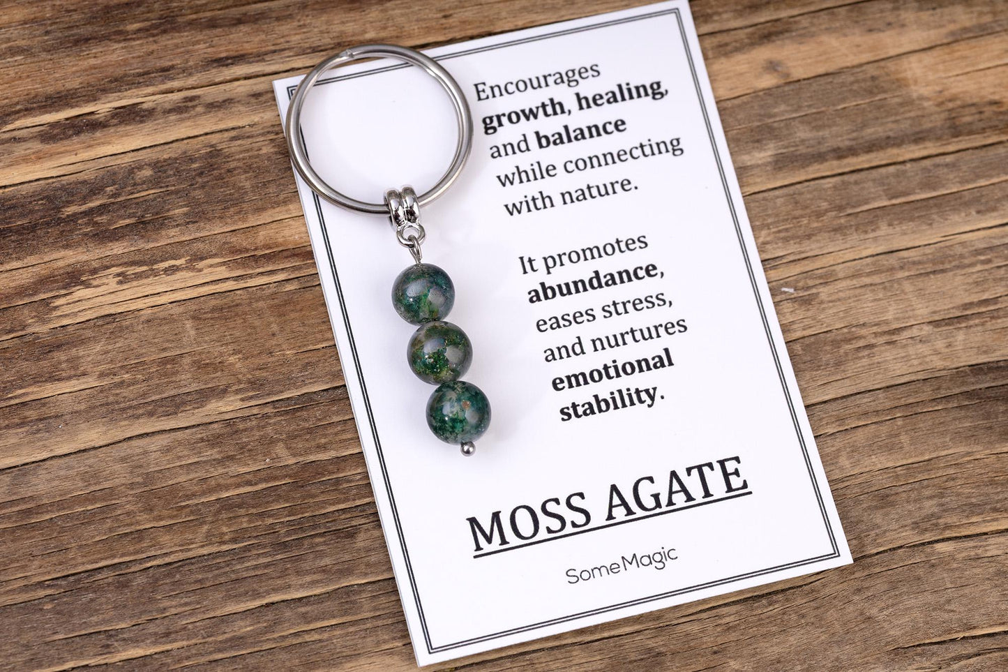 Moss Agate Gemstone Keychain - Genuine Mineral Crystal Dark Green Keyring with Meaning Card and Gift Box, Growth Balance & Healing Gift, MGM