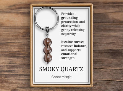 Smoky Quartz Gemstone Keychain - Genuine Mineral Crystal Brown Keyring with Meaning Card and Gift Box, Protection and Grounding Gift, MGM