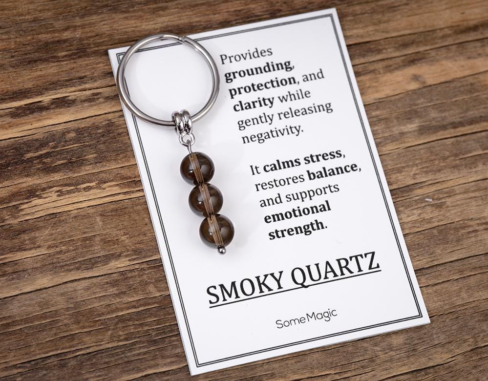 Smoky Quartz Gemstone Keychain - Genuine Mineral Crystal Brown Keyring with Meaning Card and Gift Box, Protection and Grounding Gift, MGM