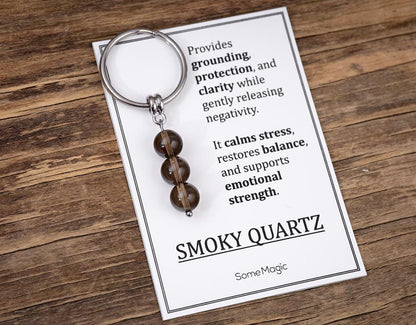 Smoky Quartz Gemstone Keychain - Genuine Mineral Crystal Brown Keyring with Meaning Card and Gift Box, Protection and Grounding Gift, MGM