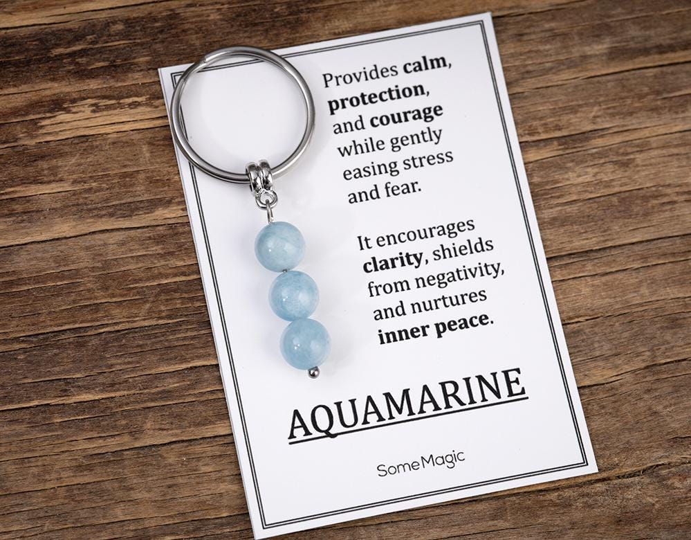Aquamarine Gemstone Keychain - Genuine Mineral Crystal Blue Keyring with Meaning Card and Gift Box, Balance, Courage & Protection Gift, MGM