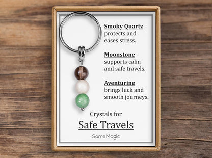 Safe Travels Gemstone Set Keychain - Genuine Crystal Keyring with Smoky Quartz, Moonstone & Aventurine, Gift Box and Meaning Card, CGM