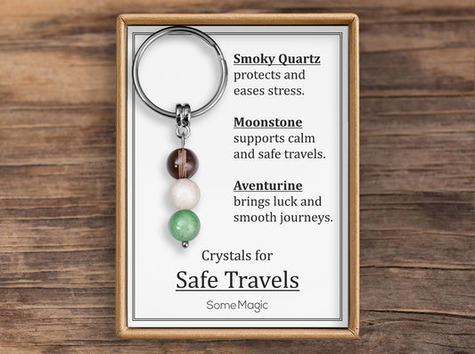 Safe Travels Gemstone Set Keychain - Genuine Crystal Keyring with Smoky Quartz, Moonstone & Aventurine, Gift Box and Meaning Card, CGM
