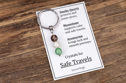 Safe Travels Gemstone Set Keychain - Genuine Crystal Keyring with Smoky Quartz, Moonstone & Aventurine, Gift Box and Meaning Card, CGM