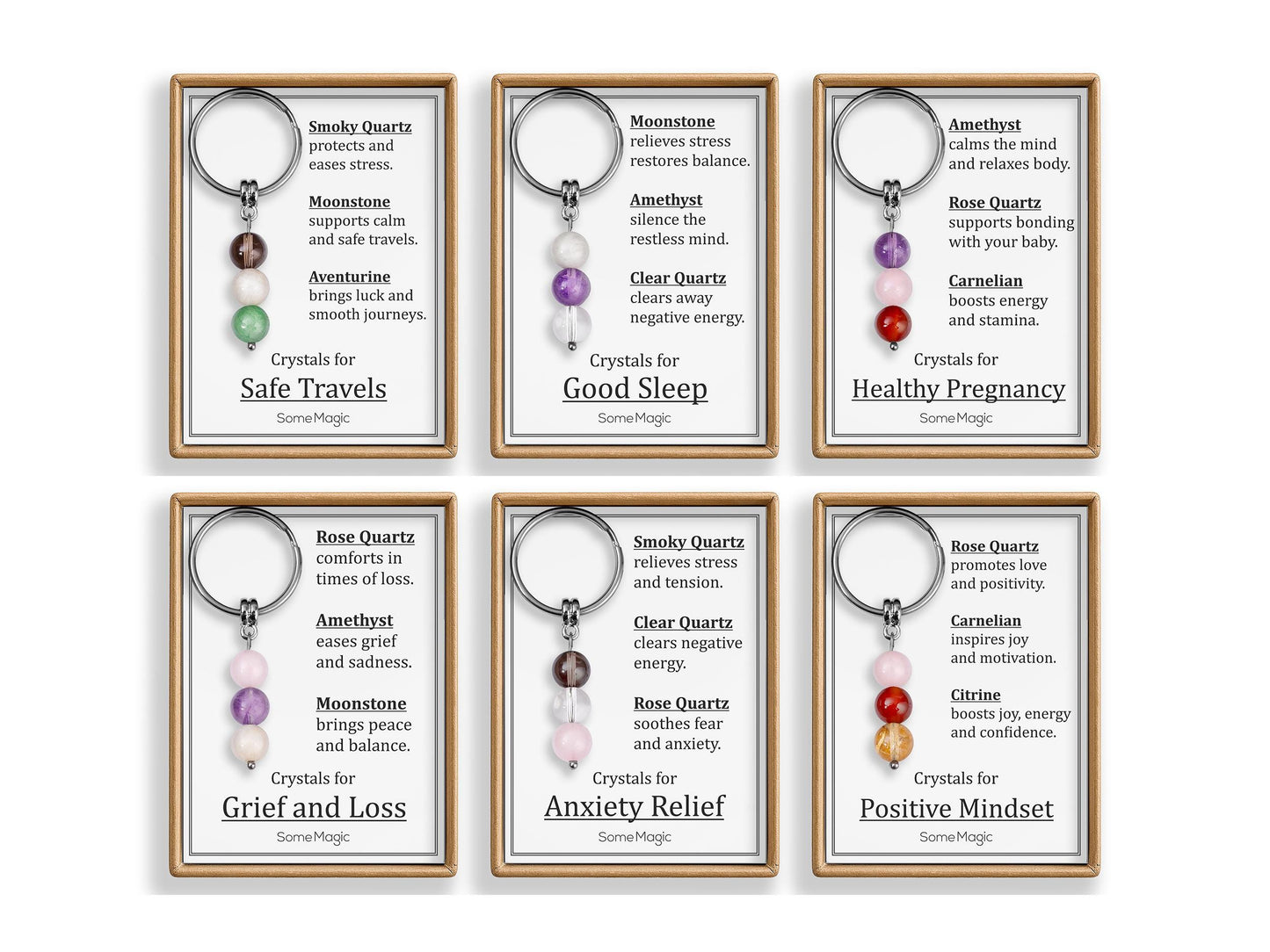 Safe Travels Gemstone Set Keychain - Genuine Crystal Keyring with Smoky Quartz, Moonstone & Aventurine, Gift Box and Meaning Card, CGM