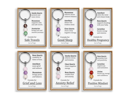 Grief and Loss Gemstone Set Keychain - Genuine Crystal Keyring with Rose Quartz, Amethyst & Moonstone, Gift Box and Meaning Card, CGM