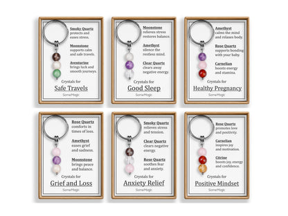 Journey Protection Gemstone Set Keychain - Mineral Crystal Keyring with Tourmaline, Aquamarine & Amethyst, Gift Box and Meaning Card, CGM