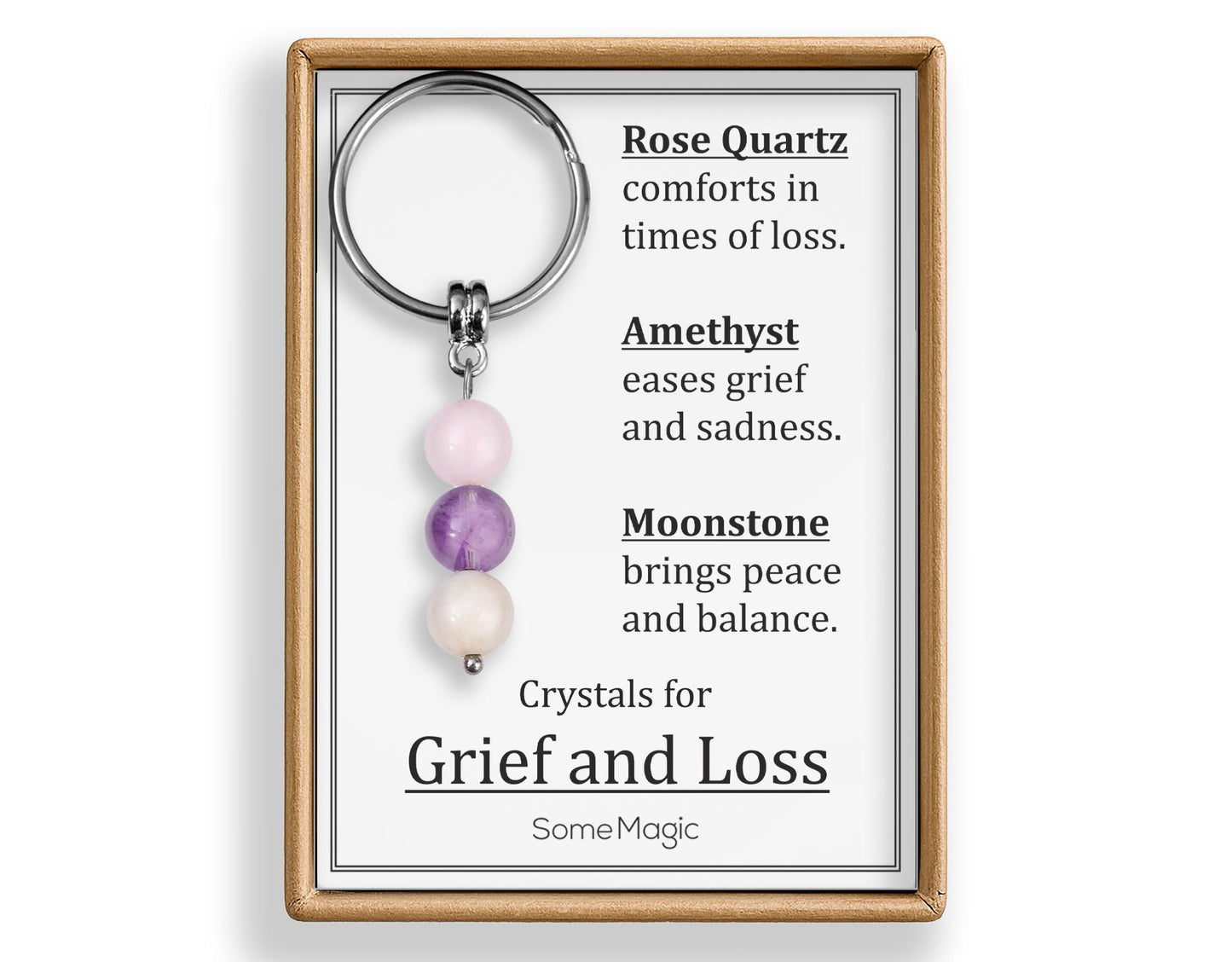 Grief and Loss Gemstone Set Keychain - Genuine Crystal Keyring with Rose Quartz, Amethyst & Moonstone, Gift Box and Meaning Card, CGM