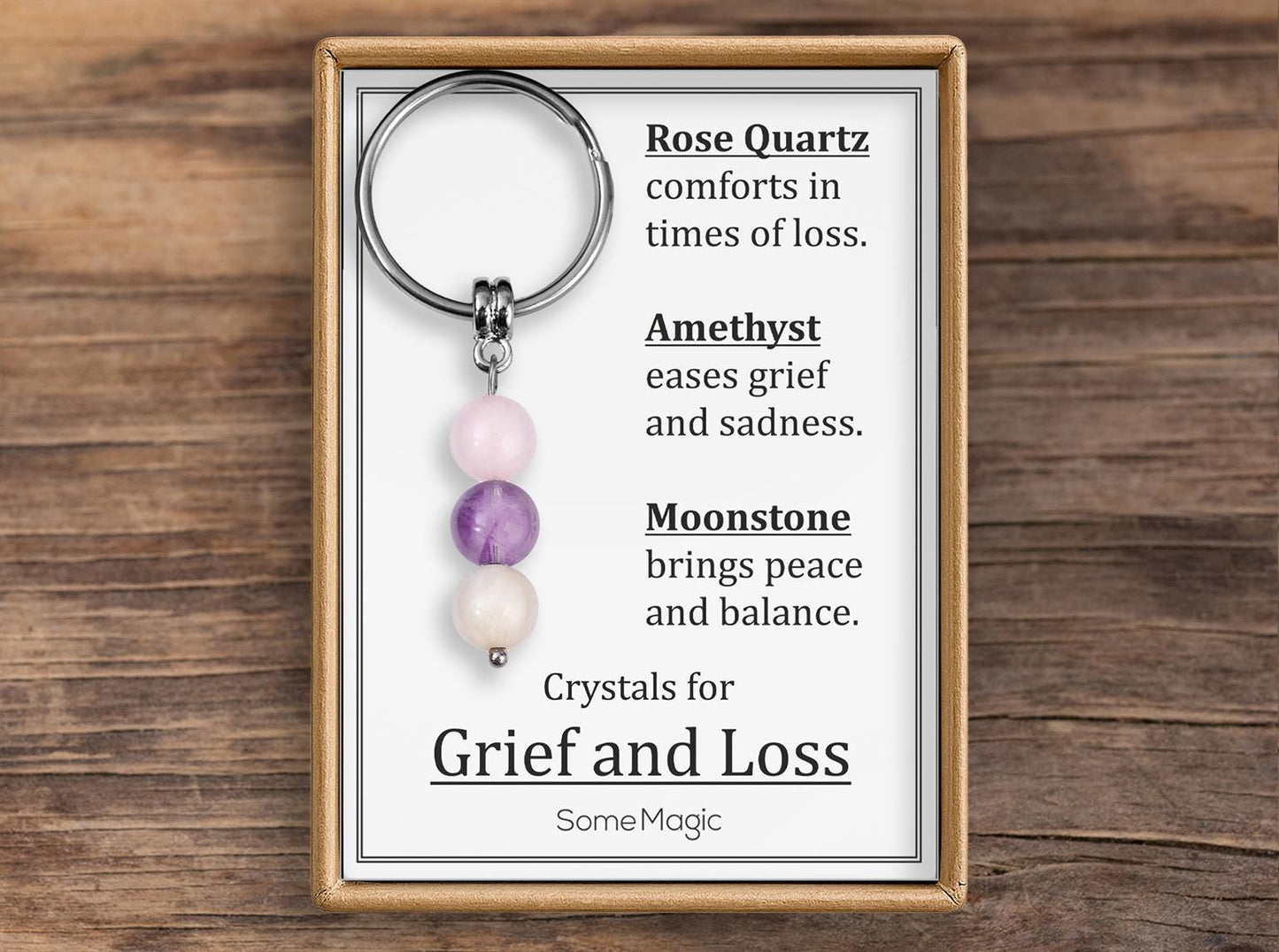 Grief and Loss Gemstone Set Keychain - Genuine Crystal Keyring with Rose Quartz, Amethyst & Moonstone, Gift Box and Meaning Card, CGM