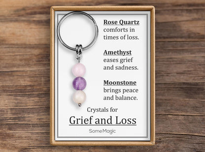Grief and Loss Gemstone Set Keychain - Genuine Crystal Keyring with Rose Quartz, Amethyst & Moonstone, Gift Box and Meaning Card, CGM