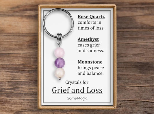 Grief and Loss Gemstone Set Keychain - Genuine Crystal Keyring with Rose Quartz, Amethyst & Moonstone, Gift Box and Meaning Card, CGM