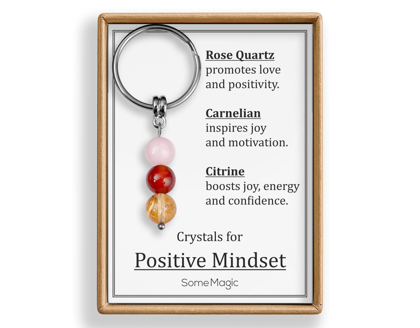 Positive Mindset Gemstone Set Keychain - Mineral Crystal Keyring with Rose Quartz, Carnelian & Citrine, Gift Box and Meaning Card, CGM