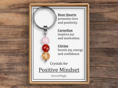 Positive Mindset Gemstone Set Keychain - Mineral Crystal Keyring with Rose Quartz, Carnelian & Citrine, Gift Box and Meaning Card, CGM