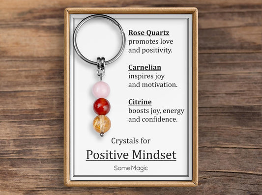 Positive Mindset Gemstone Set Keychain - Mineral Crystal Keyring with Rose Quartz, Carnelian & Citrine, Gift Box and Meaning Card, CGM