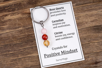 Positive Mindset Gemstone Set Keychain - Mineral Crystal Keyring with Rose Quartz, Carnelian & Citrine, Gift Box and Meaning Card, CGM