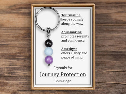 Journey Protection Gemstone Set Keychain - Mineral Crystal Keyring with Tourmaline, Aquamarine & Amethyst, Gift Box and Meaning Card, CGM