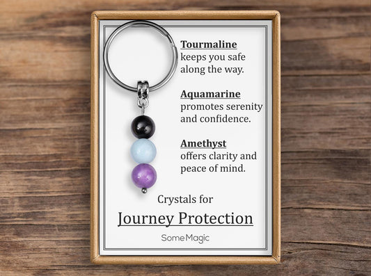 Journey Protection Gemstone Set Keychain - Mineral Crystal Keyring with Tourmaline, Aquamarine & Amethyst, Gift Box and Meaning Card, CGM