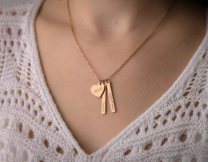 Multiple Charm Necklace with Engraved Heart and Vertical Bar Pendants for Her, Mom Jewelry With Kids Names, Personalized Gift For Mum, KP.2