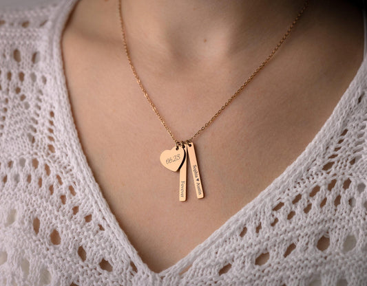 Multiple Charm Necklace with Engraved Heart and Vertical Bar Pendants for Her, Mom Jewelry With Kids Names, Personalized Gift For Mum, KP.2