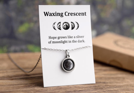 Waxing Crescent or Any Moon Phase Necklace - Personalized Pendant with Optional Back Engraving and Adjustable Chain - Birthday Gift