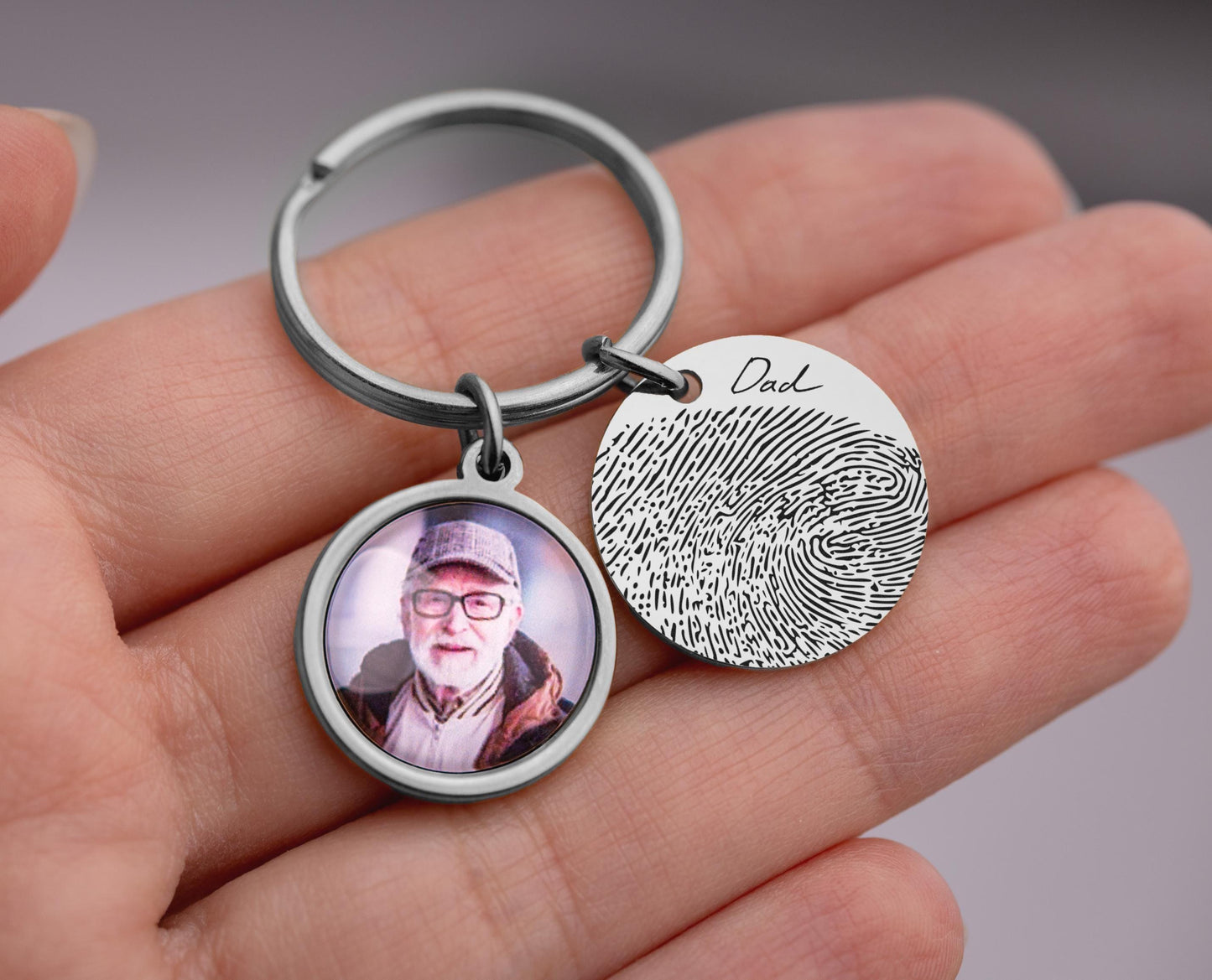 Memorial Keychain with Fingerprint & Person Photo, Custom Engraved Keyring, Personalized Remembrance Gift, Loss of Father, Loss of Dad, C.1