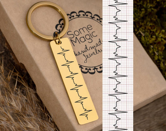 Engraved Heartbeat Keychain - Custom Baby Cardiogram or Soundwave Keyring, Personalized Memorial Keepsake, Expecting Daddy to Be Gift, C.2