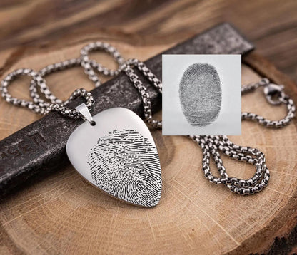 Guitar Pick Necklace with Fingerprint and Handwriting, Loss Of Music Lover or Musician Memorial Funeral Keepsake Gift for Him or Her, C.2