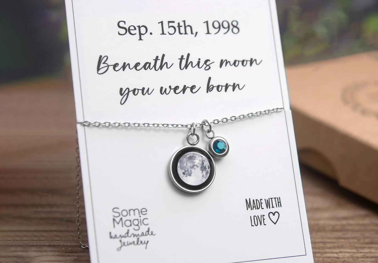 Custom Moon Phase and Birthstone Necklace, Custom Birth Moon Phase by Date, Engraved Jewelry, Personalized Birthday Gift for Women, KP.8