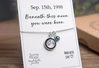 Custom Moon Phase and Birthstone Necklace, Custom Birth Moon Phase by Date, Engraved Jewelry, Personalized Birthday Gift for Women, KP.8