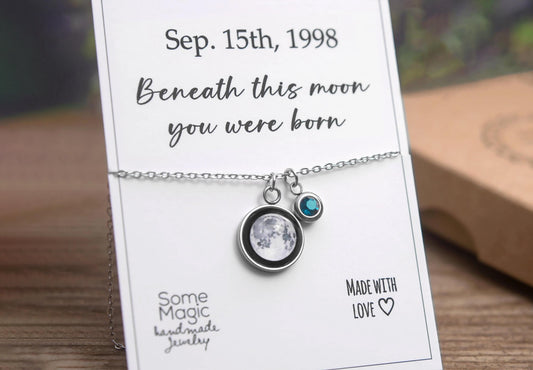 Custom Moon Phase and Birthstone Necklace, Custom Birth Moon Phase by Date, Engraved Jewelry, Personalized Birthday Gift for Women, KP.8