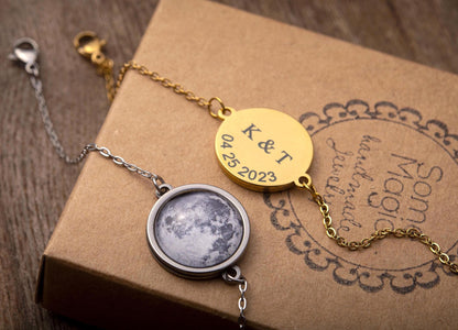 Custom Moon Phase Bracelet with Date and Initial Engraved on Back Side, Personalized Birthday or Anniversary Jewelry Gift for Women, AP.1